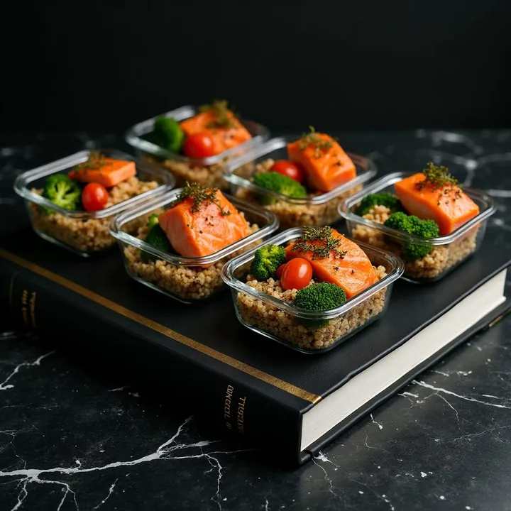 Libro de cocina con recipientes de comida preparada, edición anual